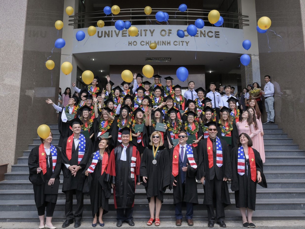 Graduates of the Keuka College Vietnam Program at the University of Science in Ho Chi Minh City celebrate at the June 8 graduation ceremony. 