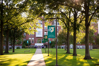 Photo of Ball Hall from sidewalk leading to Norton Chapel 